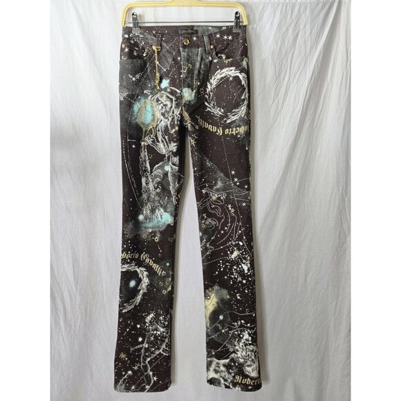 2003 Roberto Cavalli Astrology Logo Print Horoscope Jeans Pants Size Small- HTF - Picture 1 of 16